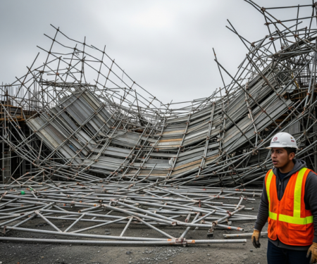 Construction worker in a hard hat and hi-vis vest standing beside a large collapsed steel scaffold structure at a building site